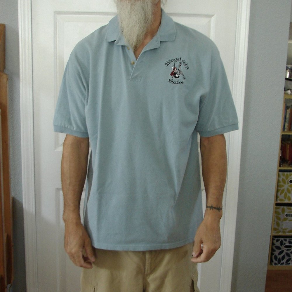 Mens Blue Polo Golf Logo'd Shirt XL Cotton Pole Dancer Collared 1/4 button front